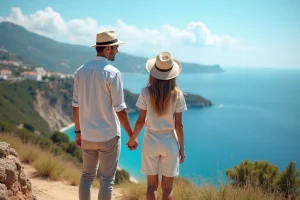 Jeune couple sur une falaise méditerranéenne en vacances