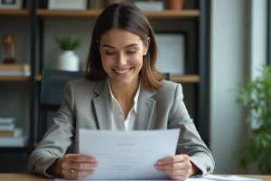 Femme d'affaires regardant un certificat dans un bureau moderne