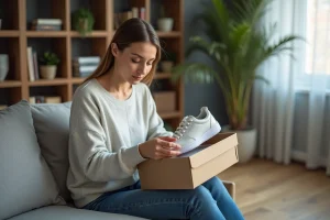 Femme en jeans et pull déballant des sneakers dans un salon