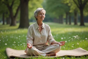 Femme méditant dans un parc verdoyant en pleine nature