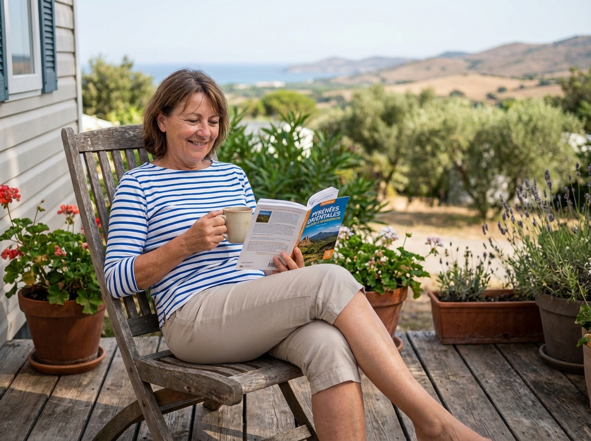 Femme lisant un guide sur la terrasse du mobilhome en Pyrénées