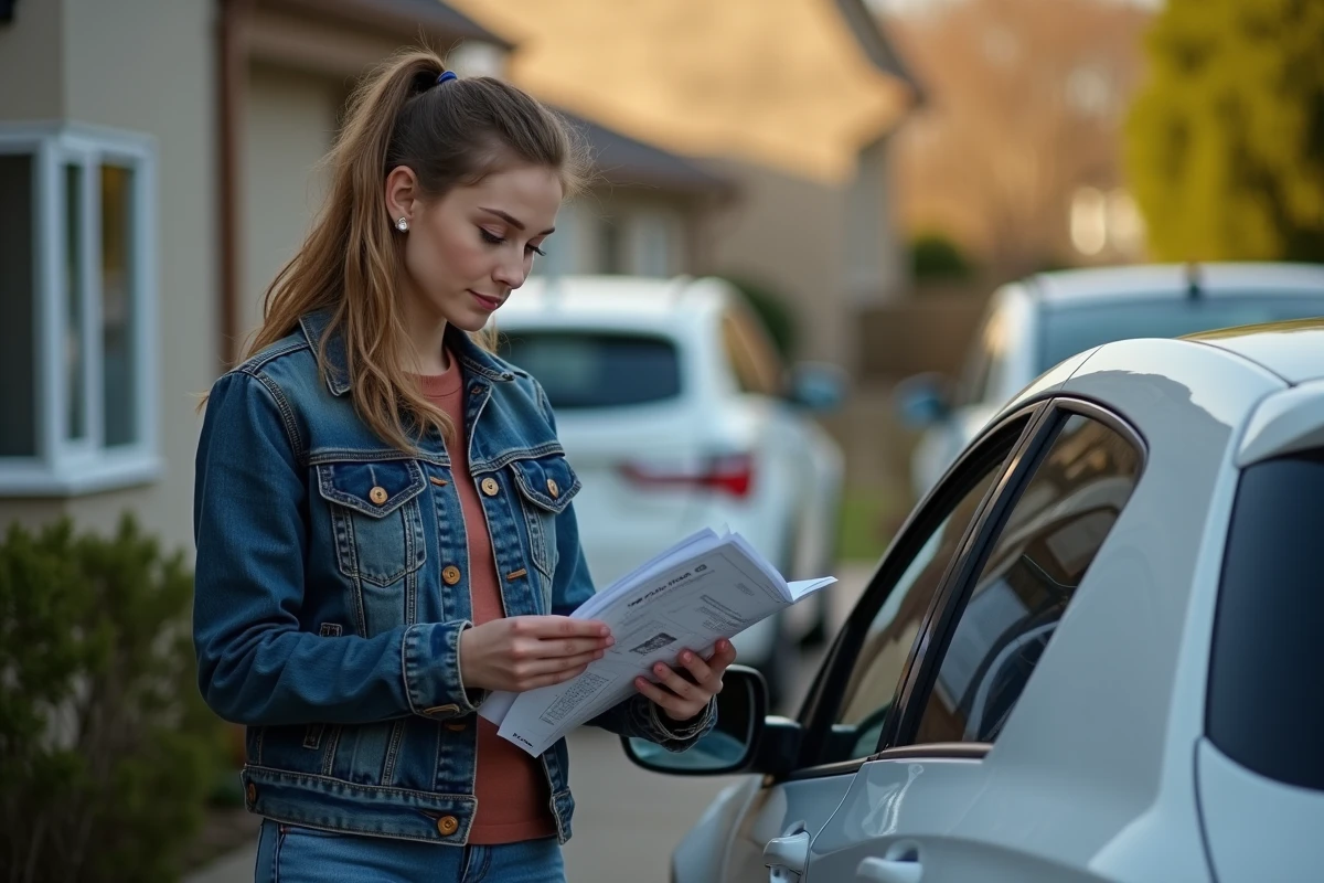 Femme examinant un kit coilover sur un établi devant sa voiture