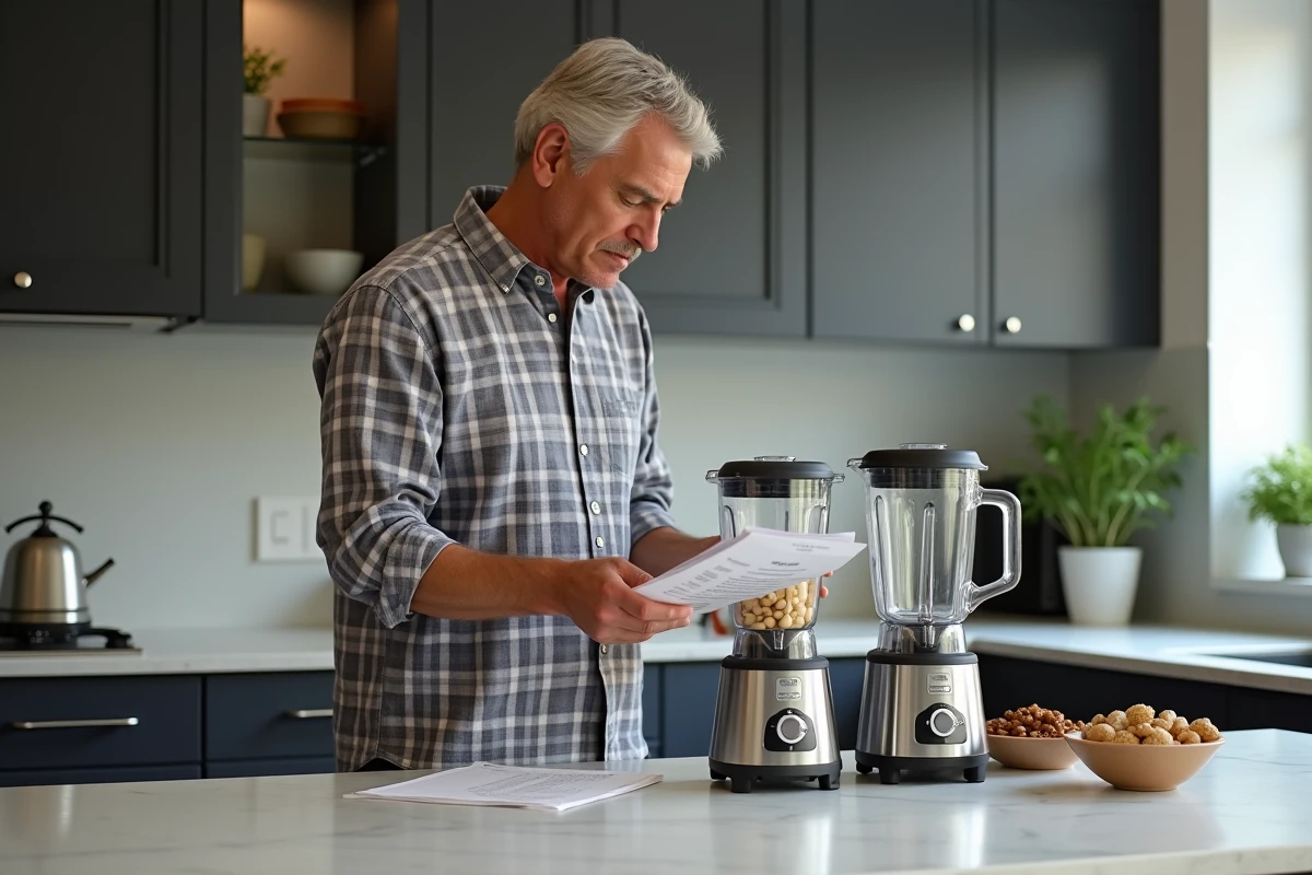 Homme examinant deux blenders dans une cuisine moderne