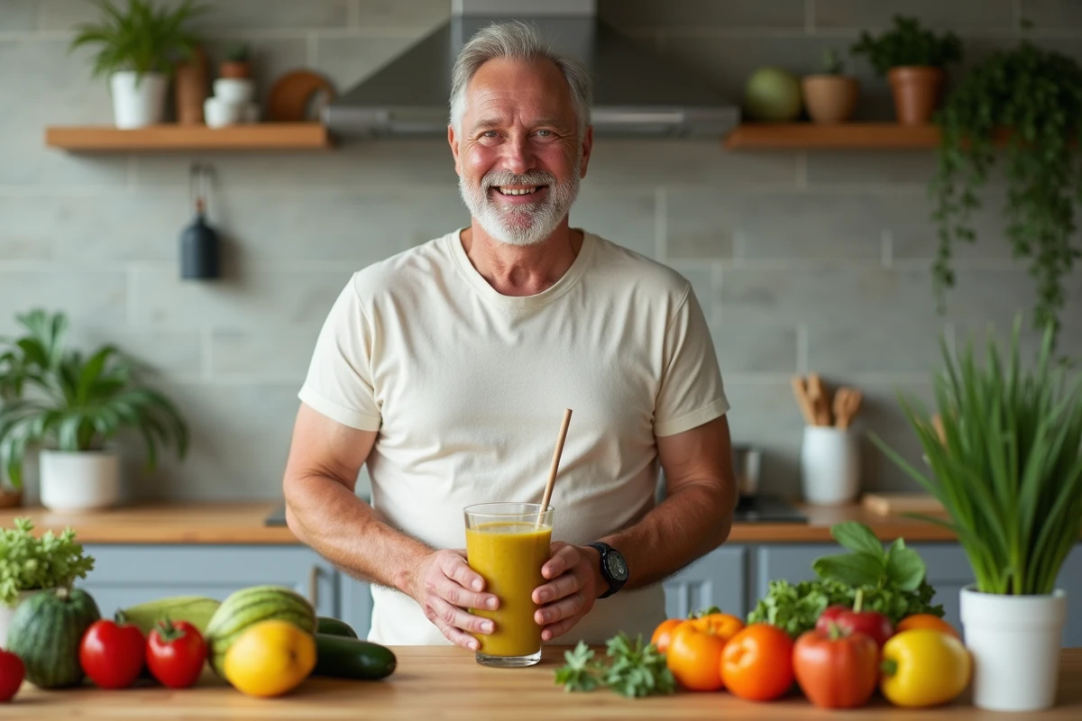 Homme préparant un smoothie aux fruits dans une cuisine moderne
