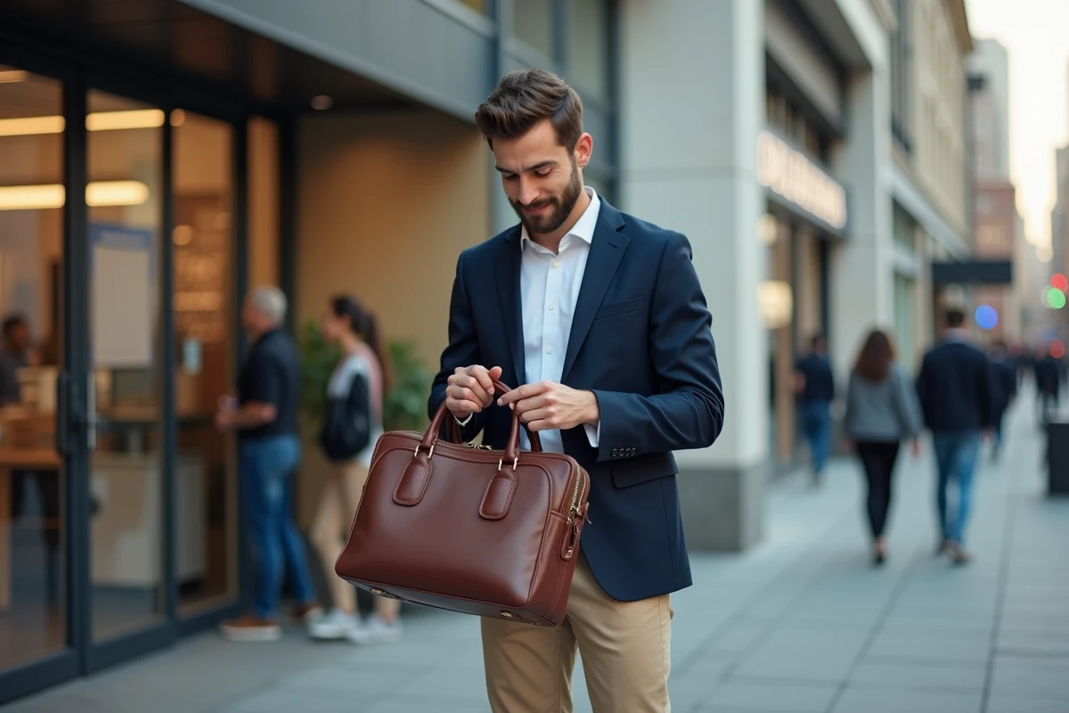 Jeune homme inspectant un porte-documents en ville