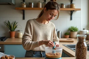 Femme préparant du beurre de noix dans une cuisine chaleureuse