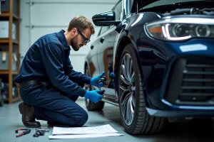Technicien automobile en train d'installer un coilover moderne