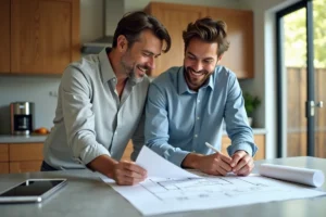 Couple souriant examinant des plans architecturaux dans une cuisine moderne