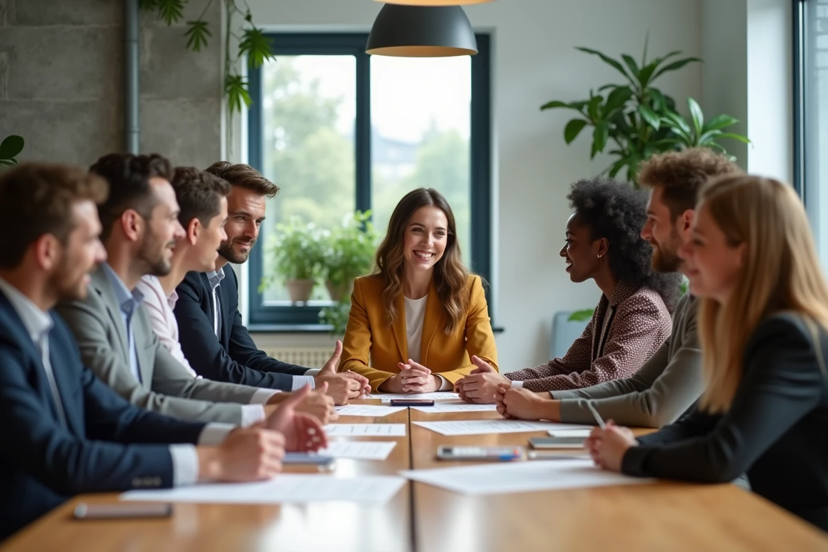 Groupe de professionnels en brainstorming dans un espace de coworking