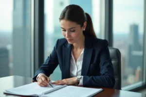 Femme d'affaires confiante en costume navy lors d'une réunion