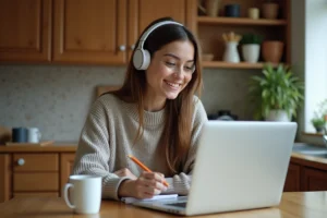 Jeune femme avec casque prenant des notes en ligne