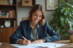 Femme souriante en bureau à domicile avec papiers