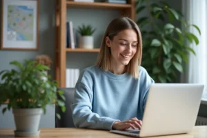 Femme au bureau utilisant Zimemail dans un espace moderne