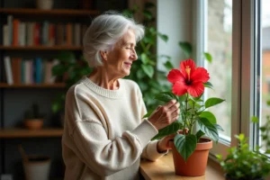 Femme examinant un hibiscus dans son salon lumineux