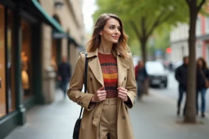 Femme élégante en trench beige dans une rue urbaine