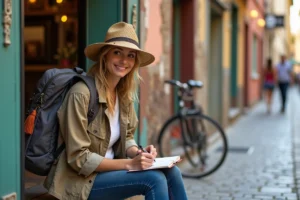 Femme voyageant dans une rue européenne en café