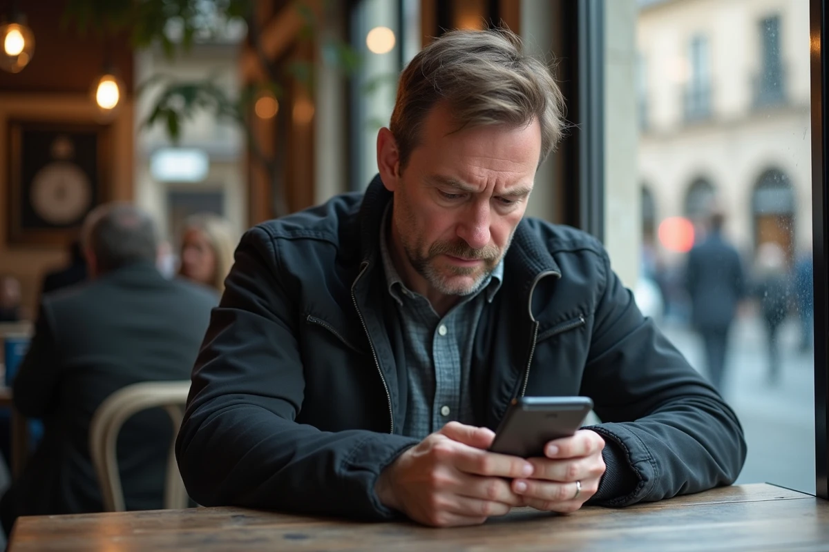 Homme au café utilisant Zimemail sur son smartphone