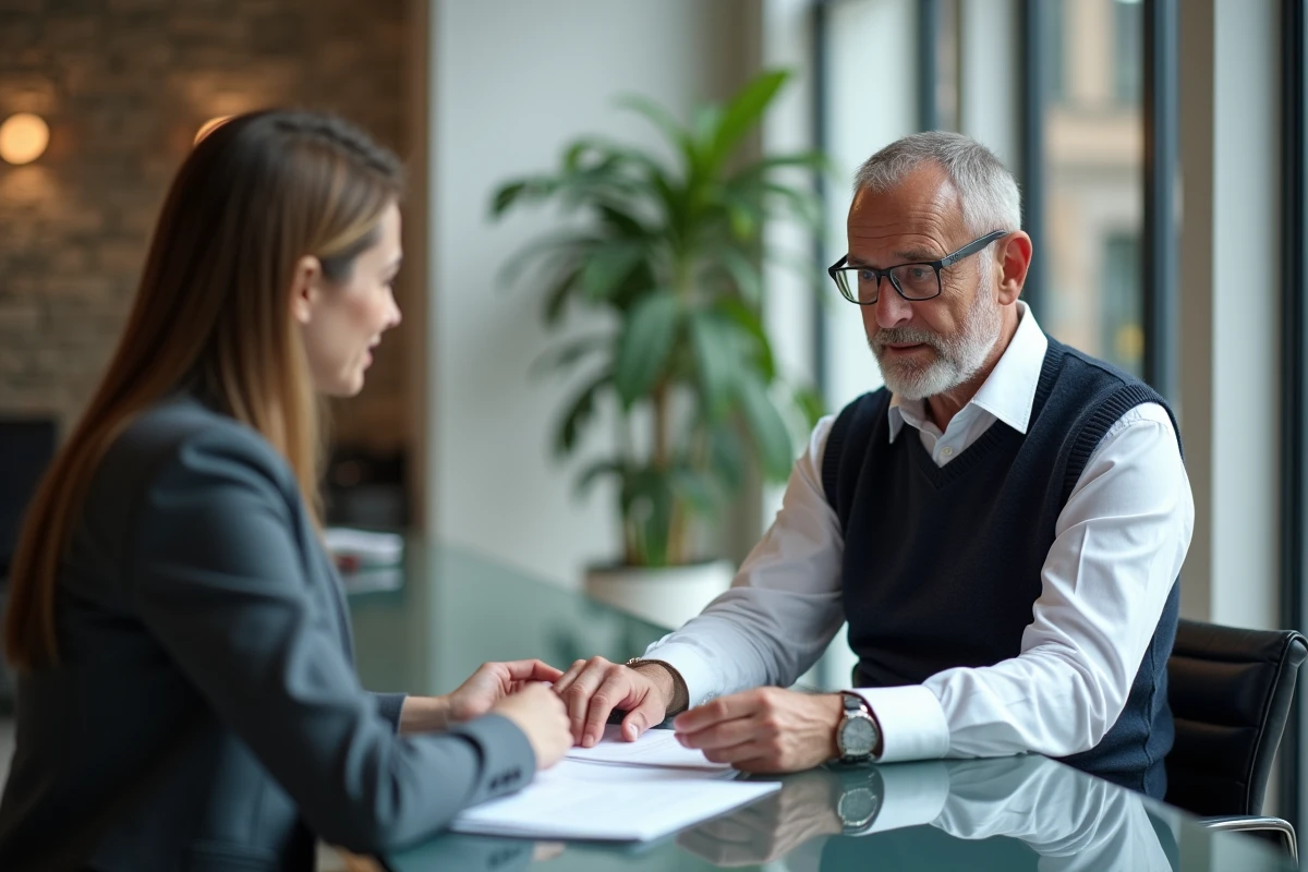 Homme discutant avec conseiller bancaire dans agence