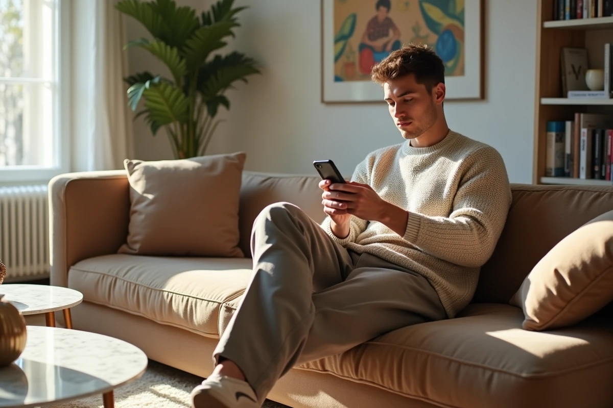 Homme décontracté sur canapé en salon moderne