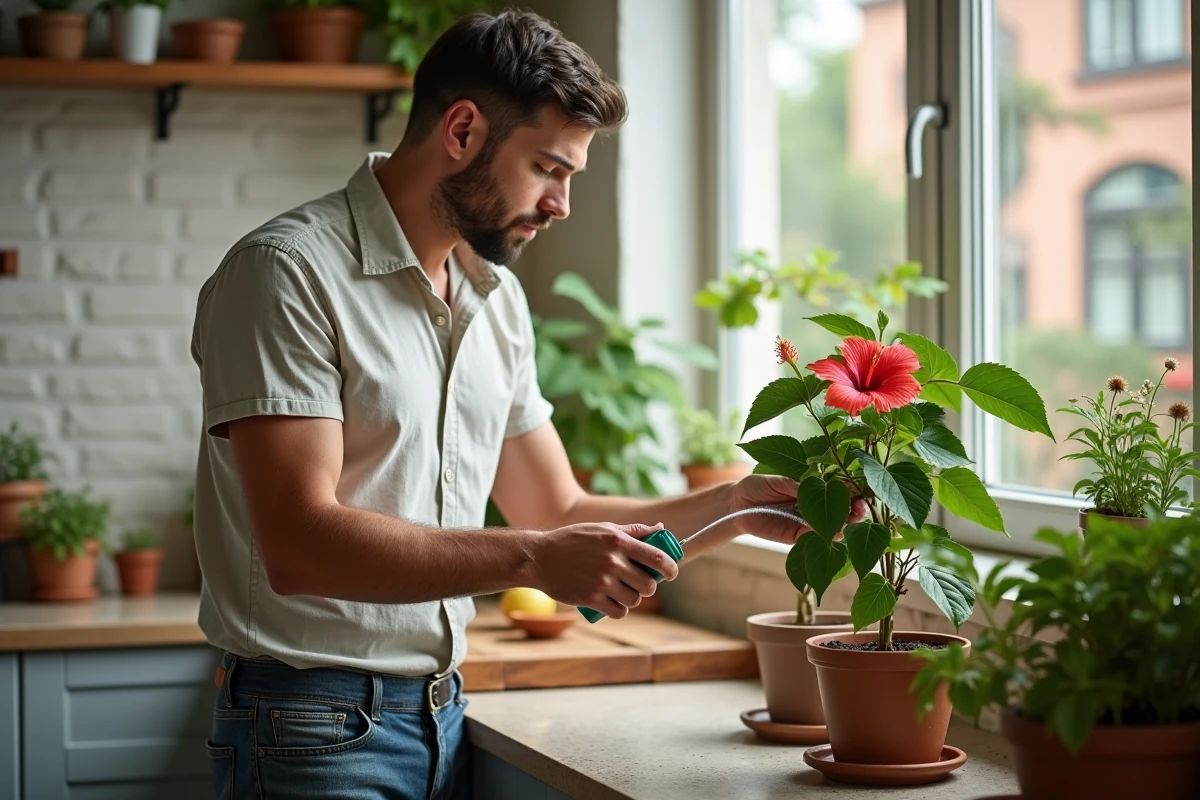 Jeune homme arrosant un hibiscus dans la cuisine ensoleillee