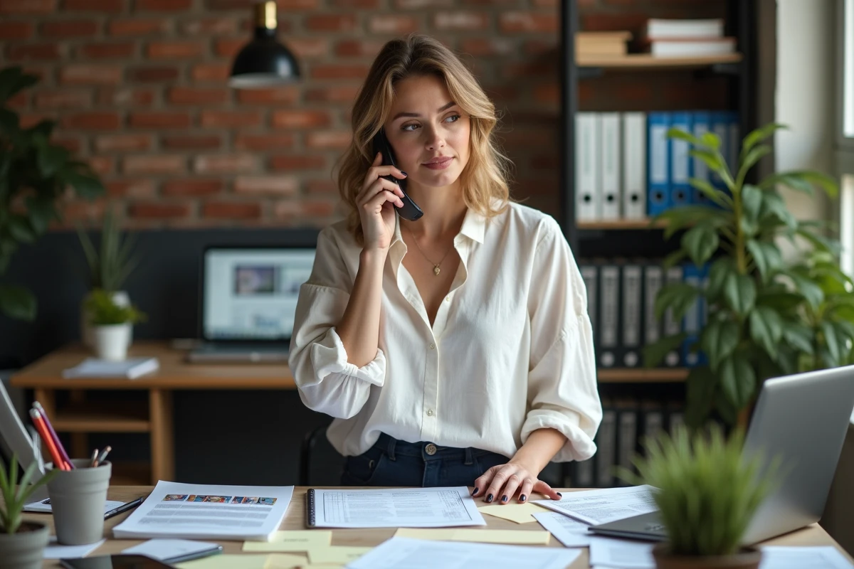 Agente de réservation de célébrités au téléphone dans son bureau, organisant les conditions contractuelles pour un événement privé