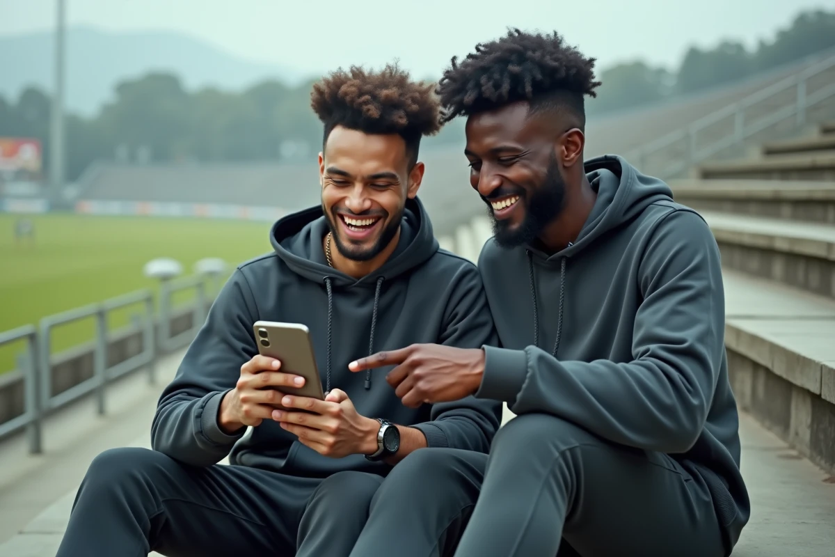 Deux amis regardant ensemble un match de cricket en streaming sur un smartphone en plein air