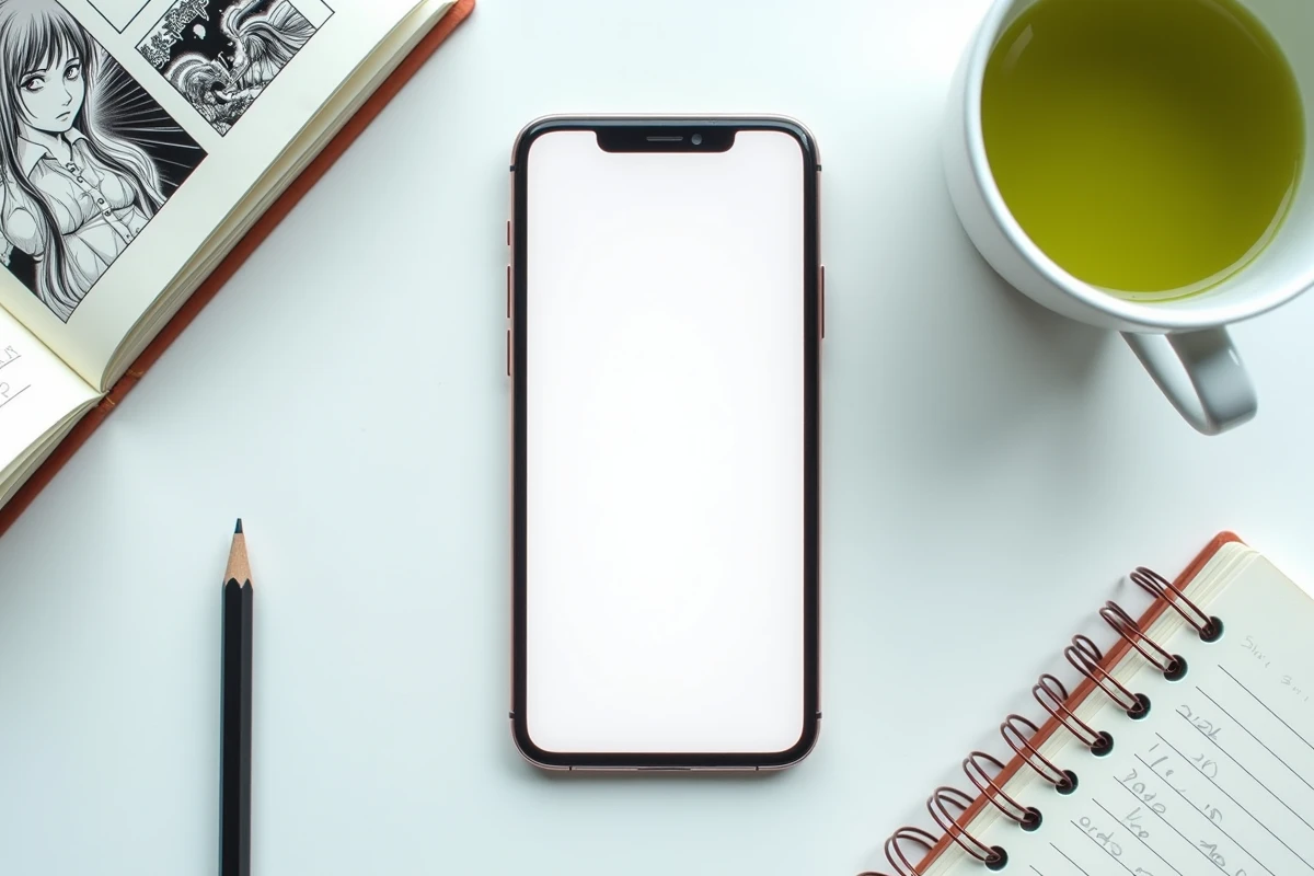 Vue en plongée d'un bureau avec smartphone affichant une application manga, volume physique et notes manuscrites