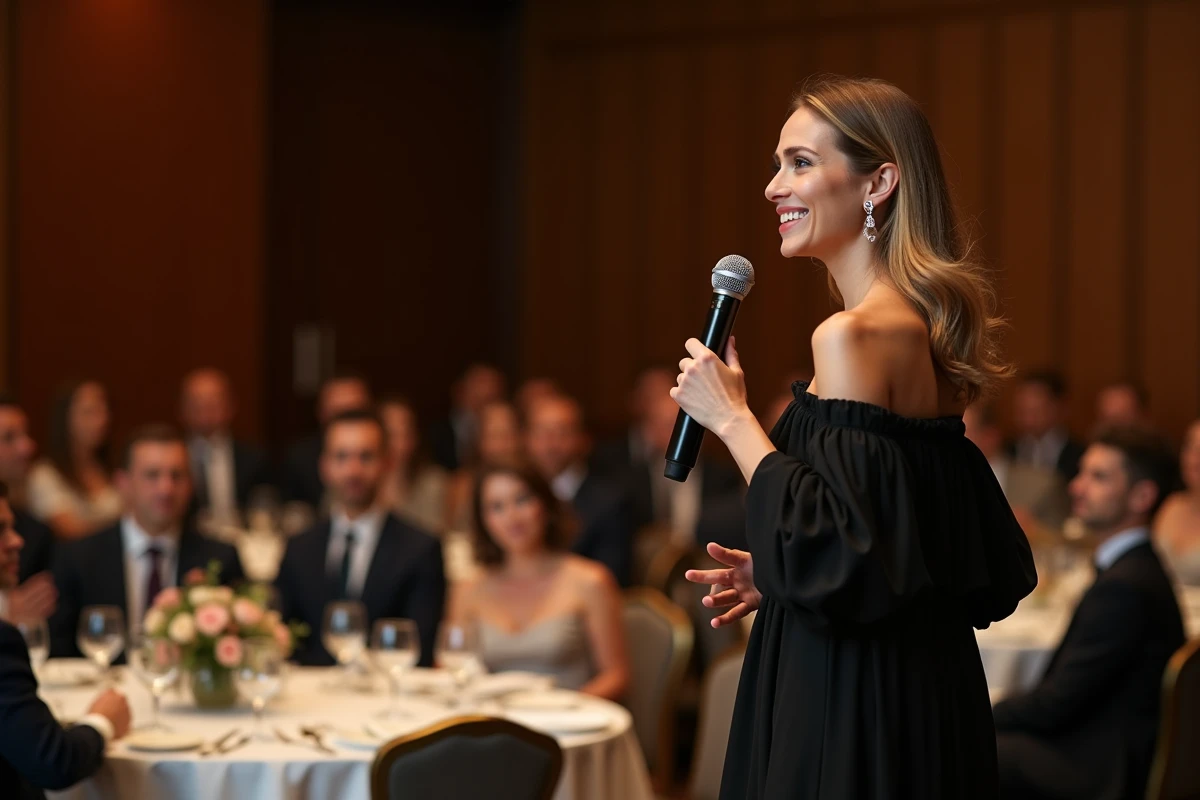 Célébrité féminine prenant la parole sur scène lors d'un gala privé d'entreprise devant un public élégant