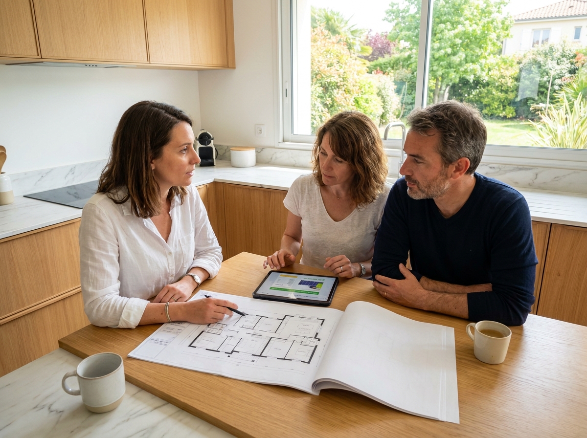 Conseillère en énergie solaire présentant un plan de dimensionnement de panneaux à un couple à la maison
