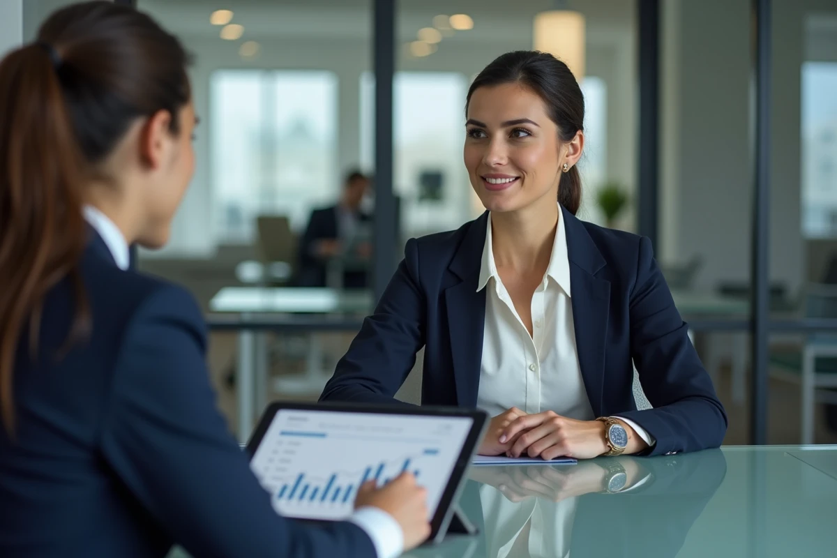 Femme consultant un conseiller financier dans une banque moderne pour choisir les meilleures solutions d'investissement rentables