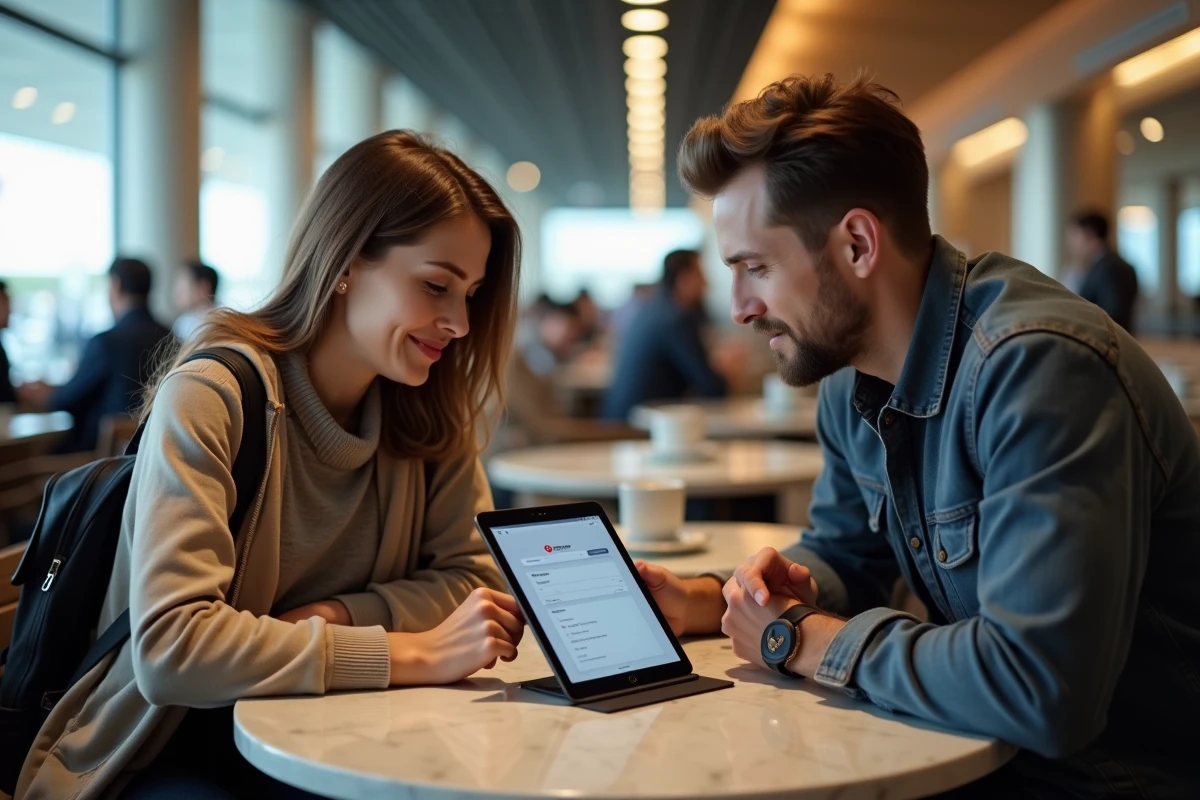 Couple vérifiant et corrigeant les informations passagers sur une tablette lors de l'enregistrement en ligne Turkish Airlines dans un café d'aéroport