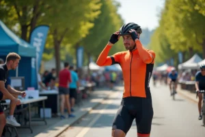 Cycliste amateur sans licence FFC en train d'ajuster son casque avant le départ d'une course cycliste locale