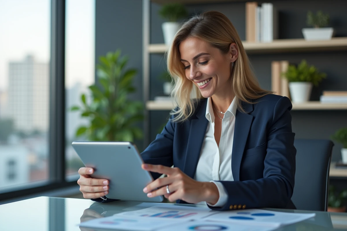 Femme d'affaires confiante utilisant une tablette dans un bureau moderne