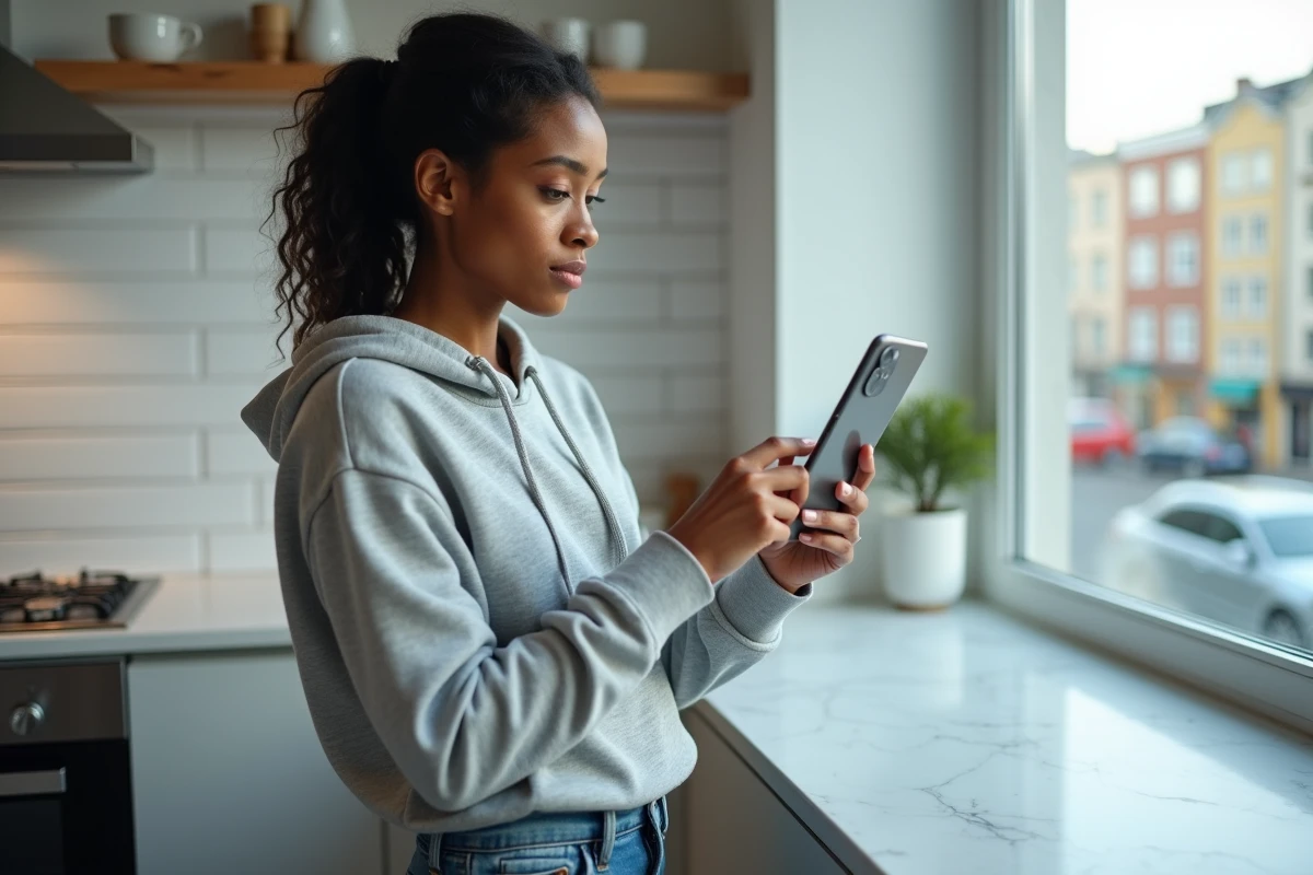 Femme consultant une application de streaming cricket sur son téléphone dans une cuisine moderne