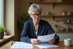 Femme âgée consultant un calendrier de paiement de pension d'invalidité à la maison