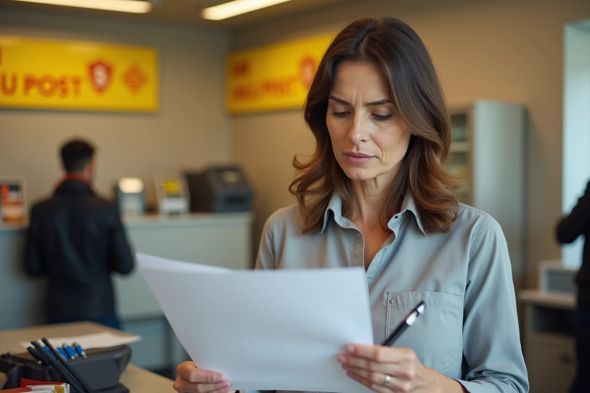 Femme vérifiant un relevé de pension d'invalidité au guichet d'un bureau administratif