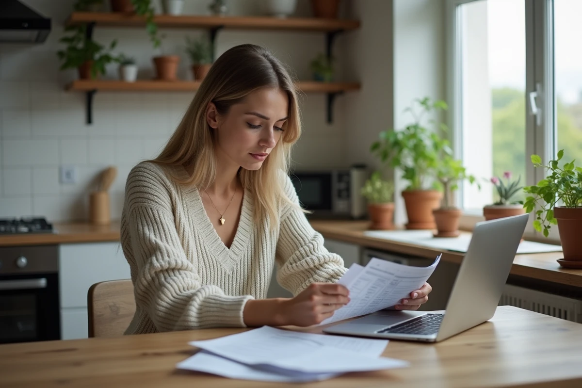 Femme assise à la table en train de lire un document fiscal