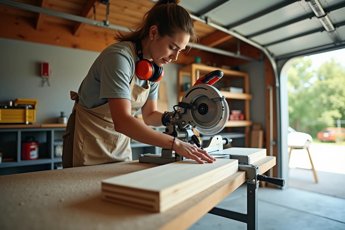 Femme utilisant une scie à onglet coulissante pour couper une plinthe en bois dans un garage atelier