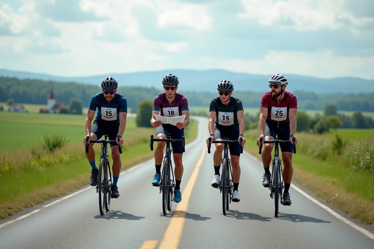 Groupe de cyclistes amateurs avec dossards sur une ligne de départ en campagne lors d'une course ouverte sans licence FFC