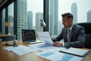 Homme d'affaires analysant des documents d'investissement financier sur un bureau en bois avec graphiques boursiers et ordinateur portable en 2024