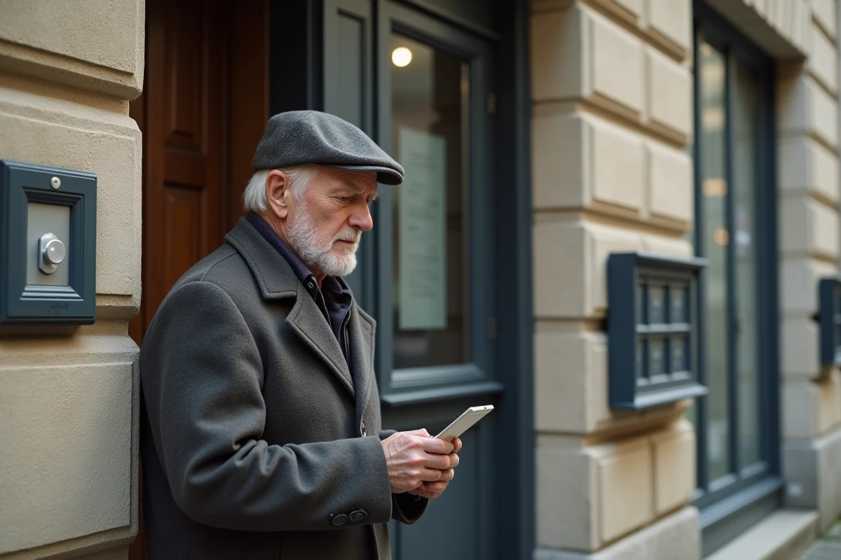 Homme âgé lisant une affiche devant un immeuble urbain
