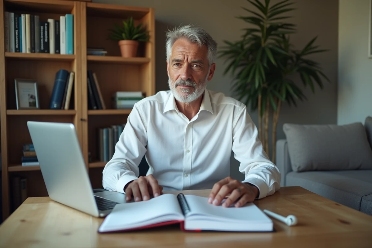 Homme retraité consultant son agenda et un ordinateur pour les dates de versement de pension