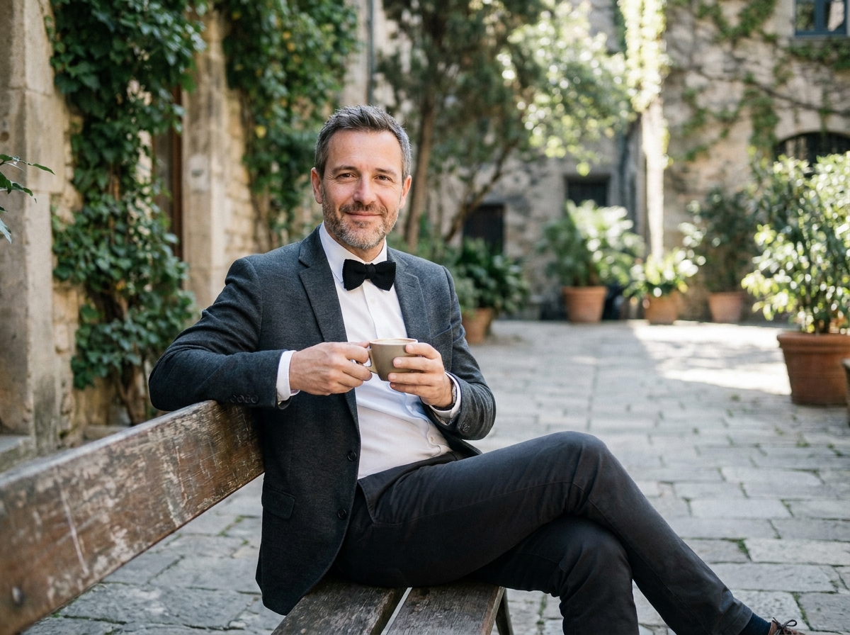 Homme mature en blazer charcoal et nœud papillon en tricot noir assis dans une cour pavée européenne, style élégant décontracté