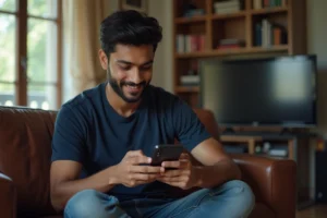 Jeune homme regardant un match de cricket en direct sur son smartphone depuis son canapé