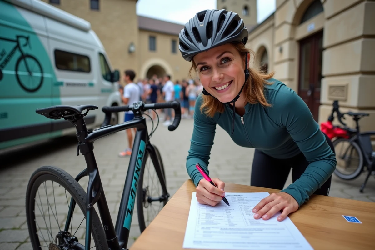 Femme cycliste remplissant un formulaire d'inscription à une course cycliste sans licence à un stand d'enregistrement en village