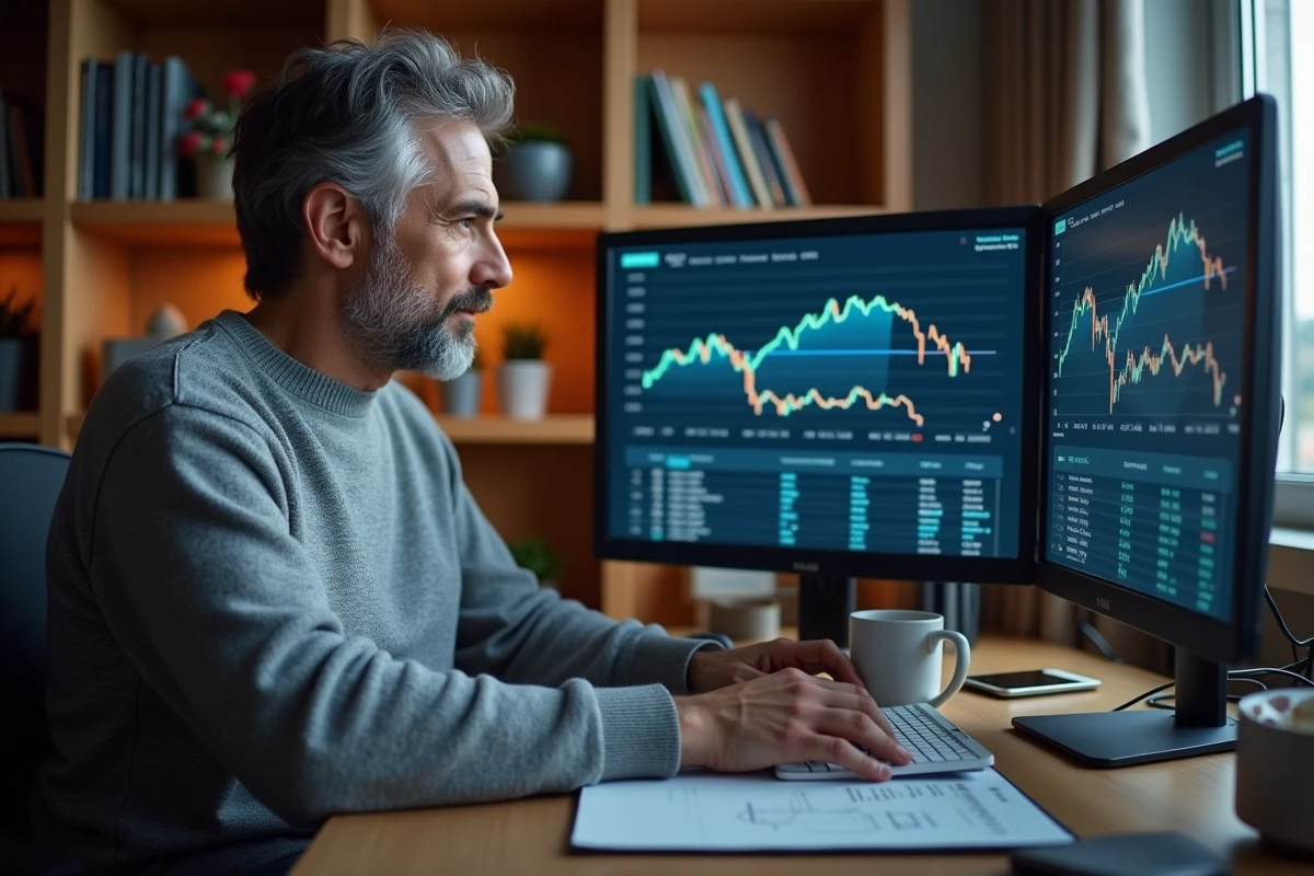 Homme travaillant depuis son bureau à domicile sur des tableaux de bord d'investissement immobilier et de portefeuille financier en 2024