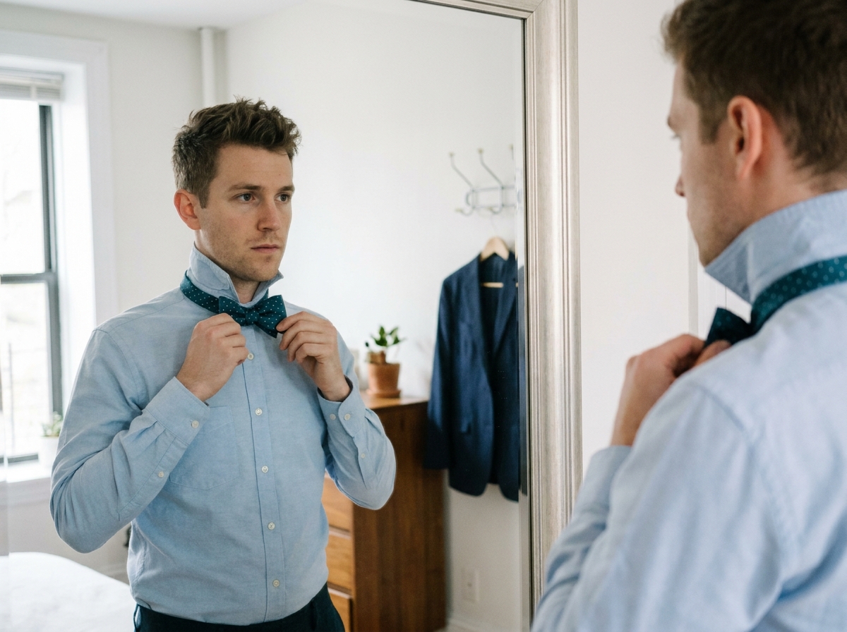 Jeune homme ajustant son nœud papillon à pois devant un miroir dans un appartement minimaliste, scène naturelle du quotidien