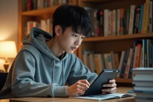 Jeune homme lisant des mangas sur une tablette numérique entouré de volumes physiques sur un bureau en bois