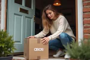 Femme recevant un colis Asos livré à domicile devant sa porte d'entrée