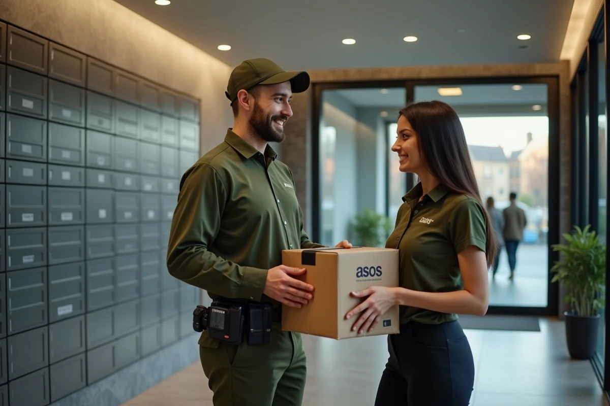 Livreur remettant un colis Asos à un client dans le hall d'un immeuble